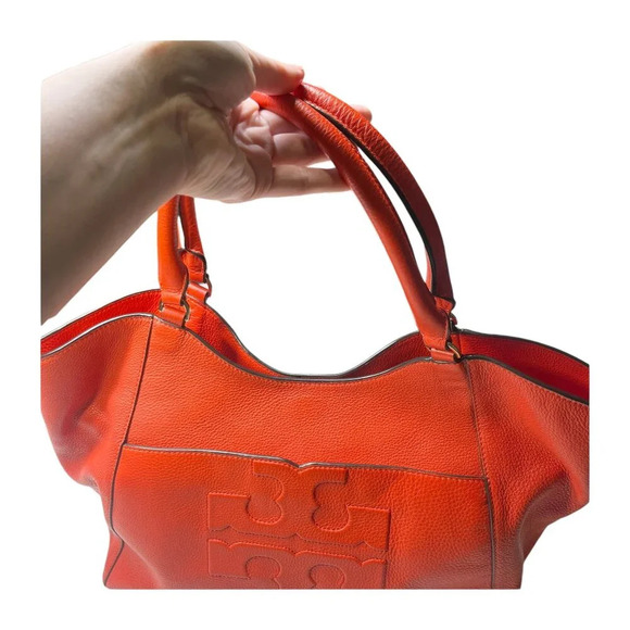 Tory Burch Red Pebble Leather Large Duel Handle Tote Bag - Picture 7 of 16